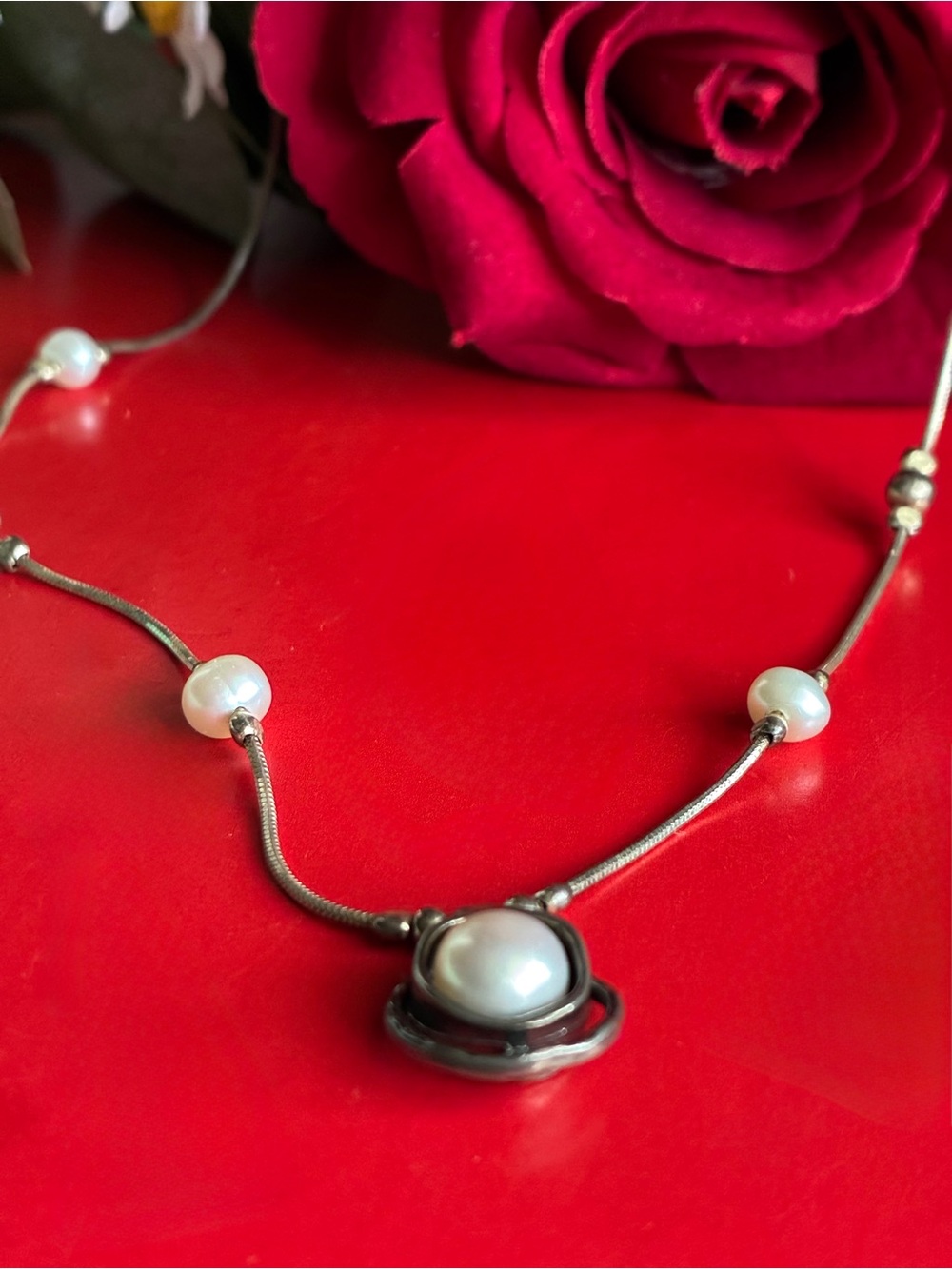 925 Silver Necklace with Real Pearl 17”